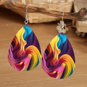 Earrings Rainbow Swirl Tear Drop Dangle Wonderland Trippy Smoke abstract Unique